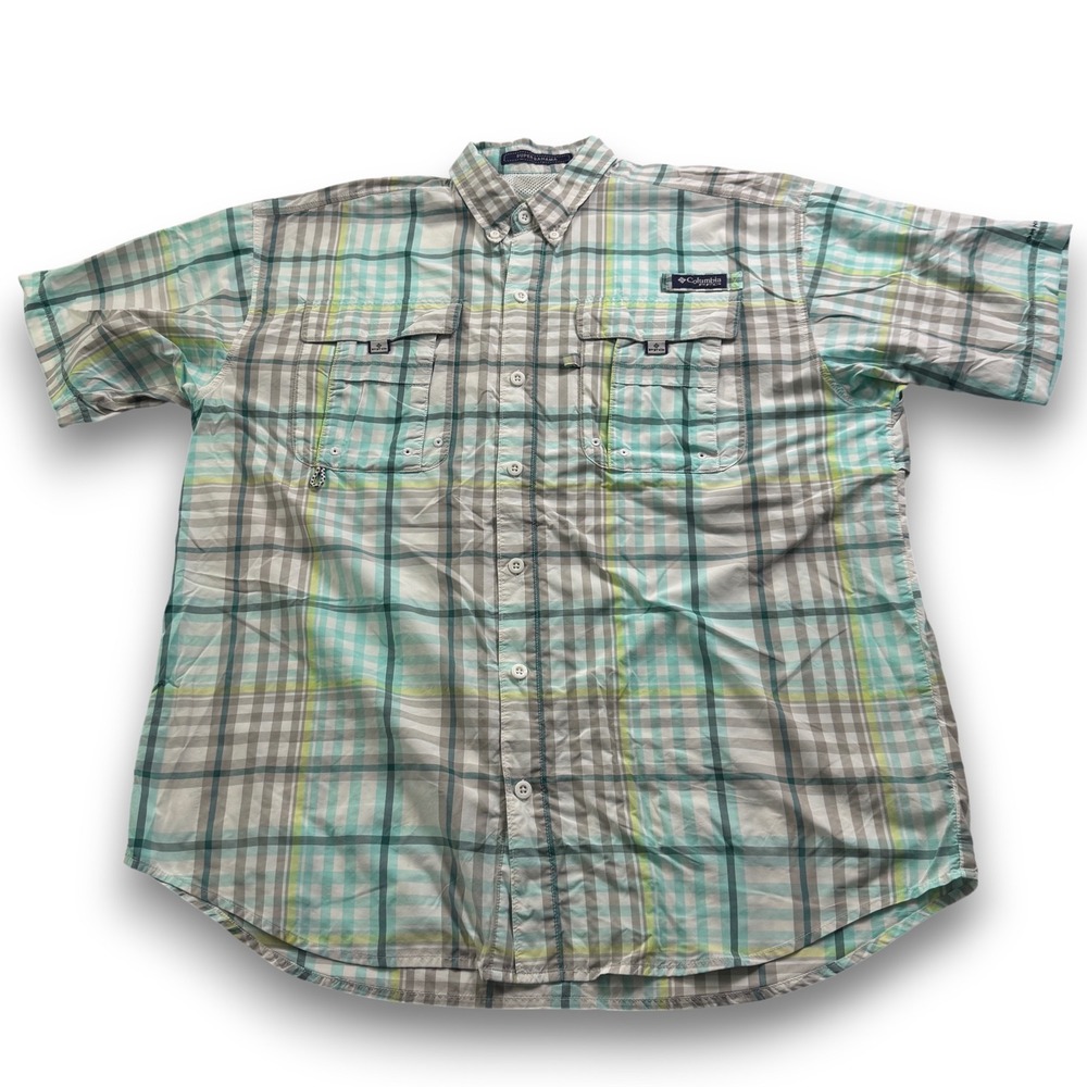 Columbia PFG Super Bahama Plaid Fishing Shirt Vented Teal Mens XL FM7190